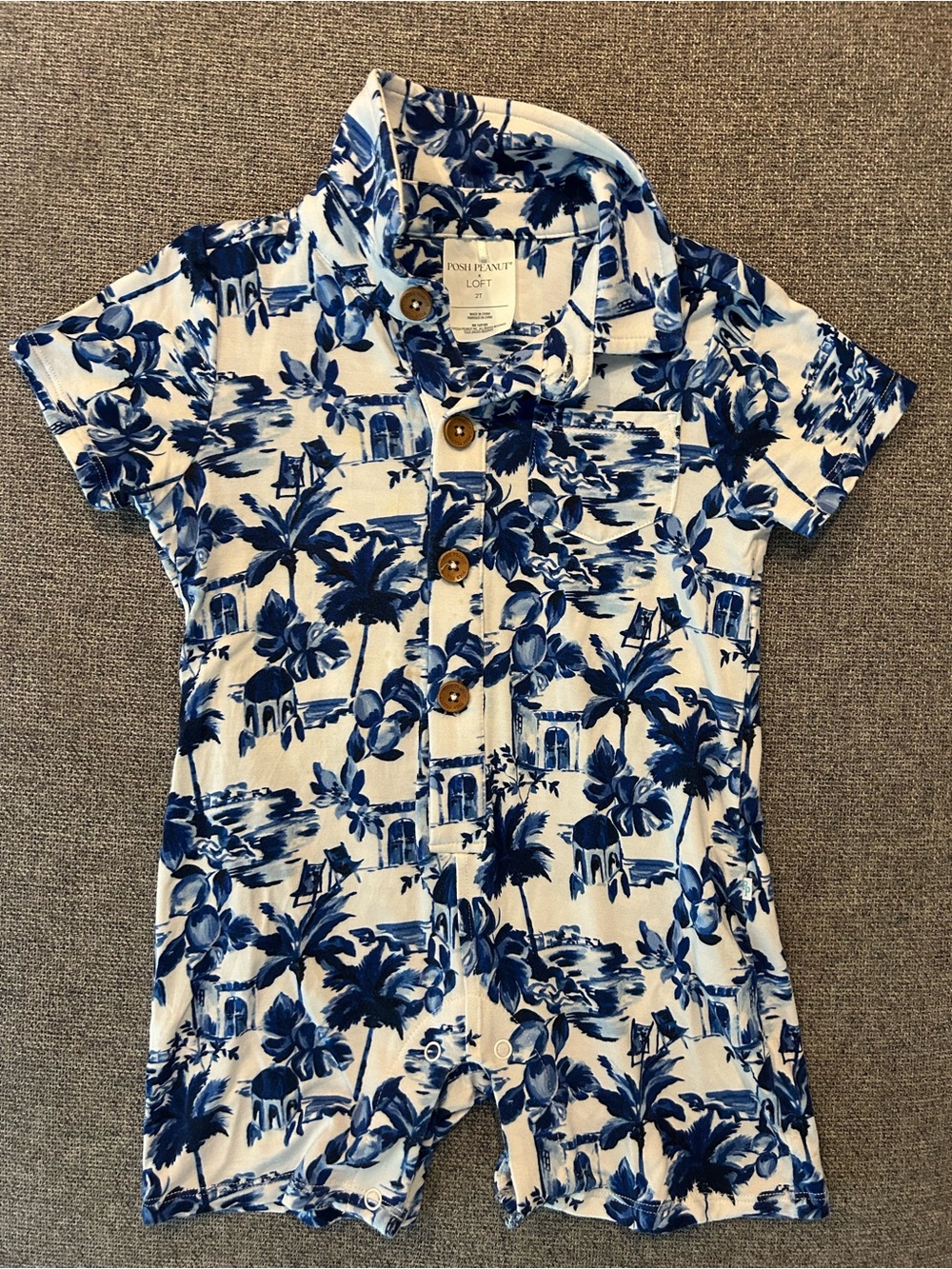 Posh Peanut Blue & White Tropical Button-Front Toddler Romper 2T